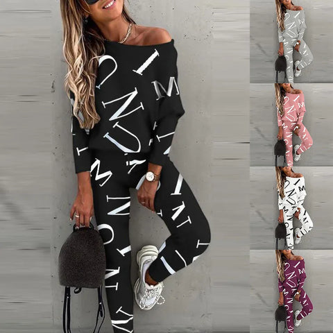 Spring Women's Casual 2-piece Set O-neck Long-sleeved Top Elastic Waist Small Feet Pants Letter Printing Street Suit