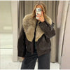 Elegant PU Fur Patchwork Jacket Women Loose Detachable Collar Lapel Double Breasted Jackets Female Winter Warm Outwear