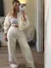 Women's Fall 2-Piece Retro Solid Color Zip Bomber Jacket Sweatshirt+High Waist Lace Up Women's Wide Leg Pants Street Wear