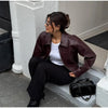 Wine Red Pu Leather Long Sleeve Lapel Collar Zipper Jackets Women Loose Short Coats Female Autumn Office Daily Wear
