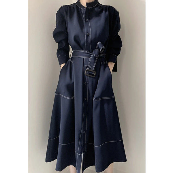 Spring Autumn Single Breasted Women's Shirt Dresses Sashes Stand Collar Korean Casual Straight Dress Female