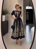 Women Vintage Gold Floral Print Maxi Dress Short Puff Sleeve Belted Elegant Party Long Dress