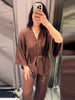 Women's Trousers Sets V-neck Crinkle Wave Texture Lace Up Tops High Waist Straight Trousers Street Office Lady Partywear