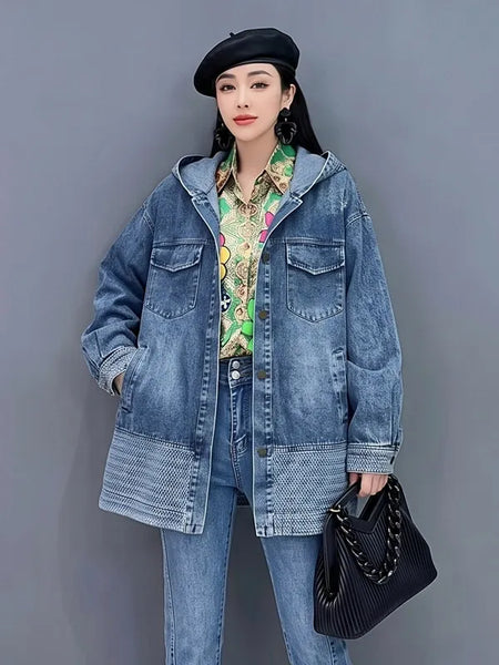 Retro Denim Hooded Coats for Women Blue Single Breasted Mid-length Loose Autumn Jackets