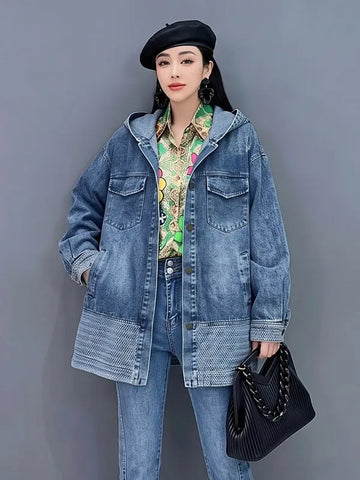 Retro Denim Hooded Coats for Women Blue Single Breasted Mid-length Loose Autumn Jackets