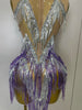 Stock Women Sexy Stretch Mesh Sparkly Rhinestone Tassels Mini Dress Nightclub Singer Dance Stage Costume Evening Gowns