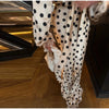 Retro Elegant Satin Polka Dots V Neck Maxi Dress Suit Women Ribbon Lace Full Sleeve Puff Sleeve Waist Cinched Long Dresses