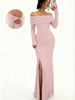 Women's Off-Shoulder Bodycon Dress - Long Sleeve High Slit Bandage Dress, Chic Figure-Hugging Midi