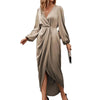 Elegant Women's Maxi Dress With Cross Neckline Folded Pleats Slit Bubble Sleeves Irregular Long Sleeves Dress Autumn