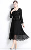 Elegant Women U Collar Long Sleeve Pleated Midi Dress Runway Spring Tweed Patchwork Chiffon Lace Trims Belt Party Vestidos