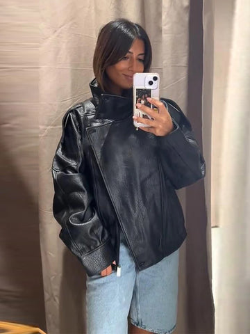 Women's Black PU Leather Jacket Stand Collar Sleeve Sleeve Asymmetric Button Front Elastic Hem Casual Autumn Outerwear