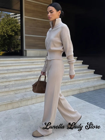 Solid Color Zipper Waist Cinching Casual Set Knitted Top Drawstring Straight Leg Pants 2-piece Sets Autumn Lady Daily Wear