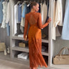 Elegant Women High Neck Lace Satin Patchwork Maxi Dress Long Sleeve Hollow Back Mermaid Hem Female Wedding Guest Party Dress