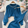 Winter Women Knitted Sets Breading Long Sleeve Pearl Sweater+Knitted Camis Dress Sets Sweater Suits