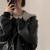 Korean Black PU Leather Jacket Women Hooded Loose Spring Autumn Zipper Fake Two-Piece Versatile Outerwear