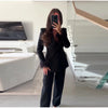 Chic Feather Blazer Pants Set Women Lapel Shoulder Pads Full Sleeve Jacket Pocket Straight Pant Spring Autumn Lady Suit