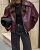 Wine Red Faux Leather Jakcet Outerwear Thicken Zipper Lapel Pu Coats Autumn Winter Streetwear Ladies Tops Women