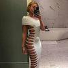 Sexy Solid Hollow Out Bodycon Dress Women One-shoulder Elegant A-line Belted Fit-and-flare Vestidos Lady Light Social Gowns