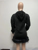 Women Hooded Long Sleeve Fur Hem Sweathirt Style Midi Dress Winter Streetwar Mini Black Dresses Vestidos
