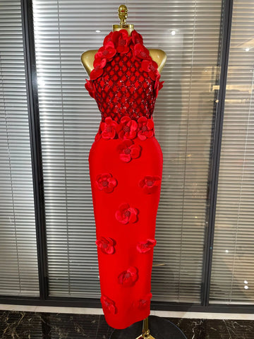 Black Red Women Shining Sequins Florals Sexy O-Neck Bodycon Bandage Long Dress Evening Party Christmas Birthday Outfit
