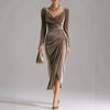 Elegant Velvet Swing Collar Dress for Women's Ruched Split Solid Office Lady Long Sleeve Slim Vintage Casual Wedding Guest Dress