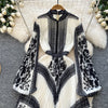 American European Style Women's Casual Elegant Pleated Dress Long Sleeve Printed Ankle Length Dress