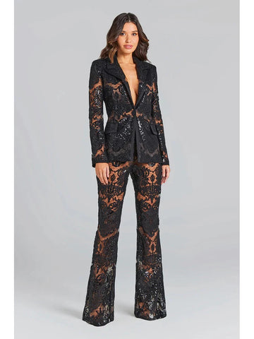 High Street Designer Runway Suit Set Women's Single Button Guipure Lace Blazer Flare Pants Set