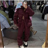 Drawstring Women's Winter Padded Jacket Pant Suits Hooded Full Sleeve Warm Jackets Pants Thicken Casual Lady Outfit