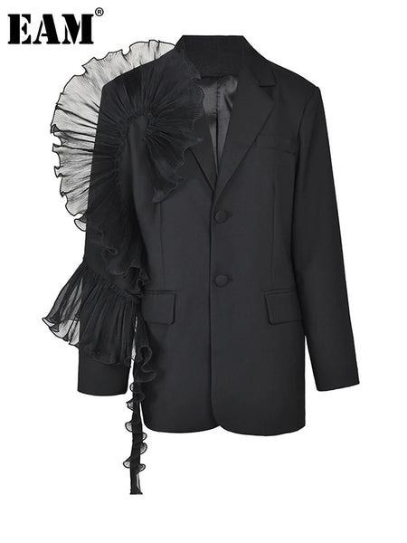 Women Black Organza Ruffles Big Size Blazer Lapel Long Sleeve Loose Fit Jacket Spring Autumn 1DE392101