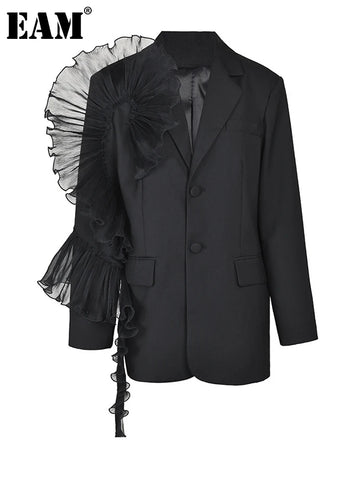 Women Black Organza Ruffles Big Size Blazer Lapel Long Sleeve Loose Fit Jacket Spring Autumn 1DE392101