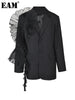 Women Black Organza Ruffles Big Size Blazer Lapel Long Sleeve Loose Fit Jacket Spring Autumn 1DE392101