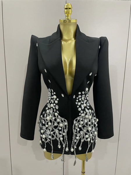 Sparkly Crystal Chains Pearls Long Sleeve Mini Dress Women Birthday Evening Party Nightclub Outfit Singer Wedding Costume