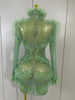 Sexy Mesh Ruffled Sparkly Rhinestones Long Sleeves See Through Mini Dress Women Eveing Party Birthday Dance Nightclub Stage Wear