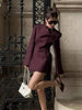 Chic Burgundy Blazer Mini Dress Women Full Sleeve Waist Cinching Slim Short Dresses Lady Daily Commute Vestidos