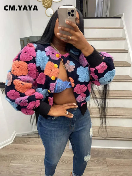 Elegant Women Button Front Floral Appliques Long Sleeve Jacket Thick Warm Winter Streetwear Outwear