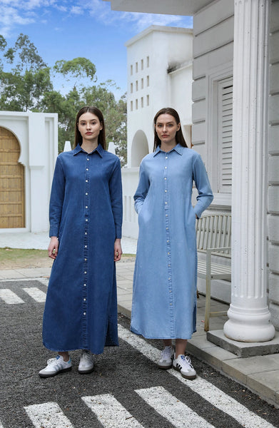 SS25 Women Collar Denim Dress Blouse Style Casual Cotton with A Removable Belt