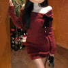 Gray Off Shoulder Bow Knit Sweater Dress Women Harajuku Vintage Slim Fit Hip Hugging Mini Dress Autumn Winter Casual Clothes