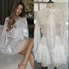 Autumn Women's Skirt Two Piece Set Bow High Waisted Chiffon Drawstring Dress Suit Ladies Sexy See Through Dress