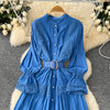 Chic Lace Slim Stand Collar Long Sleeve Spliced Single Breasted Dress High Street Vintage Evening Women Autumn Winter Clothing