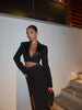 Black Cropped Blazer Coat Skirt Set Women Sexy Full Sleeve V-neck High Waist Split Long Skirts Lady Spring Commute Outfit