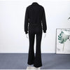 Zipper Plush Jacket Long Pants Lady Set Solid Color Lapel Jackets High Waist Slim Bell-Bottom Trousers Casual Women's Sets