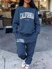 2 Pcs Hoodies Set Women California 1850 Letter Print Sweatpants Fleece Pocket Sweatshirt Jogging Outfits Winter Loose Clothes