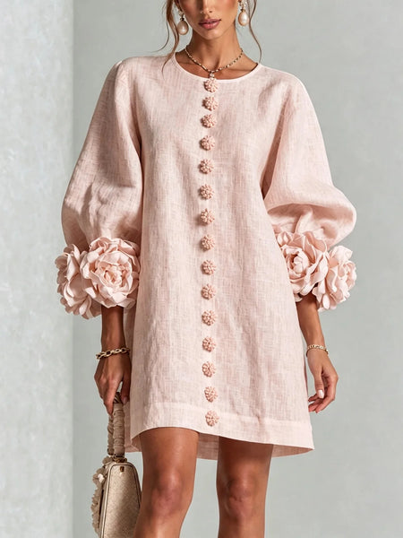 High‑quality Women Loose Short Tunic Dress 3D Stereo Big Flower Cuff Lantern Long Sleeve Button Front Dress Casual Daily Wear