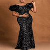 Women Glitter Dress Elegant Black Fishtail Sequin Maxi Dresses Vintage Ruffle Sleeve Party Celebrity Wedding Guest Dresses Robe