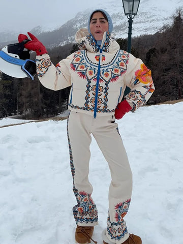 Printed Hooded Puffer Coat Suspender Ski Pants Zip‑Up Slim Fit Winter Women Snow Outfit Warm Lady Two‑Piece Ski Set