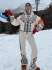 Printed Hooded Puffer Coat Suspender Ski Pants Zip‑Up Slim Fit Winter Women Snow Outfit Warm Lady Two‑Piece Ski Set