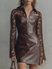 PU Leather Dresses for Women Elegant Brown Shirt Collar Half Zip Lace Long Sleeve PU Leather Mini Dress Vintage Slim Fit Dress
