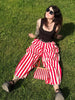 Vintage Contrast Striped Coat Pants Suit Women Chic Zipper Elastic Waist Button Lantern Trouser Suit Autumn Daily Street Outfit