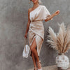 Womens Satin One Shoulder Batwing Sleeve Ruched Bodycon Midi Long Dress Asymmetrical Wrap Front Cocktail Party Dresses