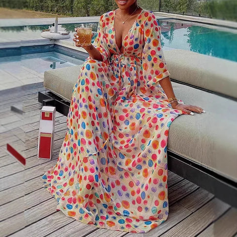 Long Dress Women Dresses A Line Vestidos Y2k Streetwear V Neck Full Sleeve Print Dot Elegant Party Night Work High Waist